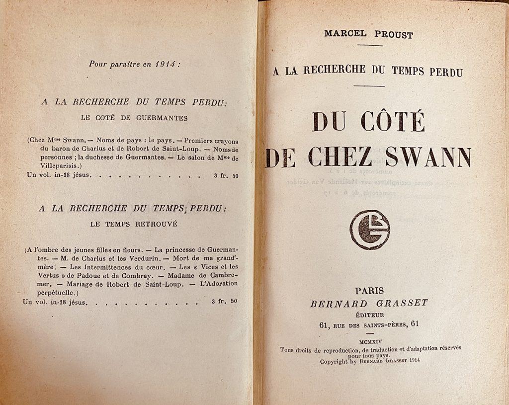 Portada de Du côté de chez Swann (Paris, Grasset, 1913)